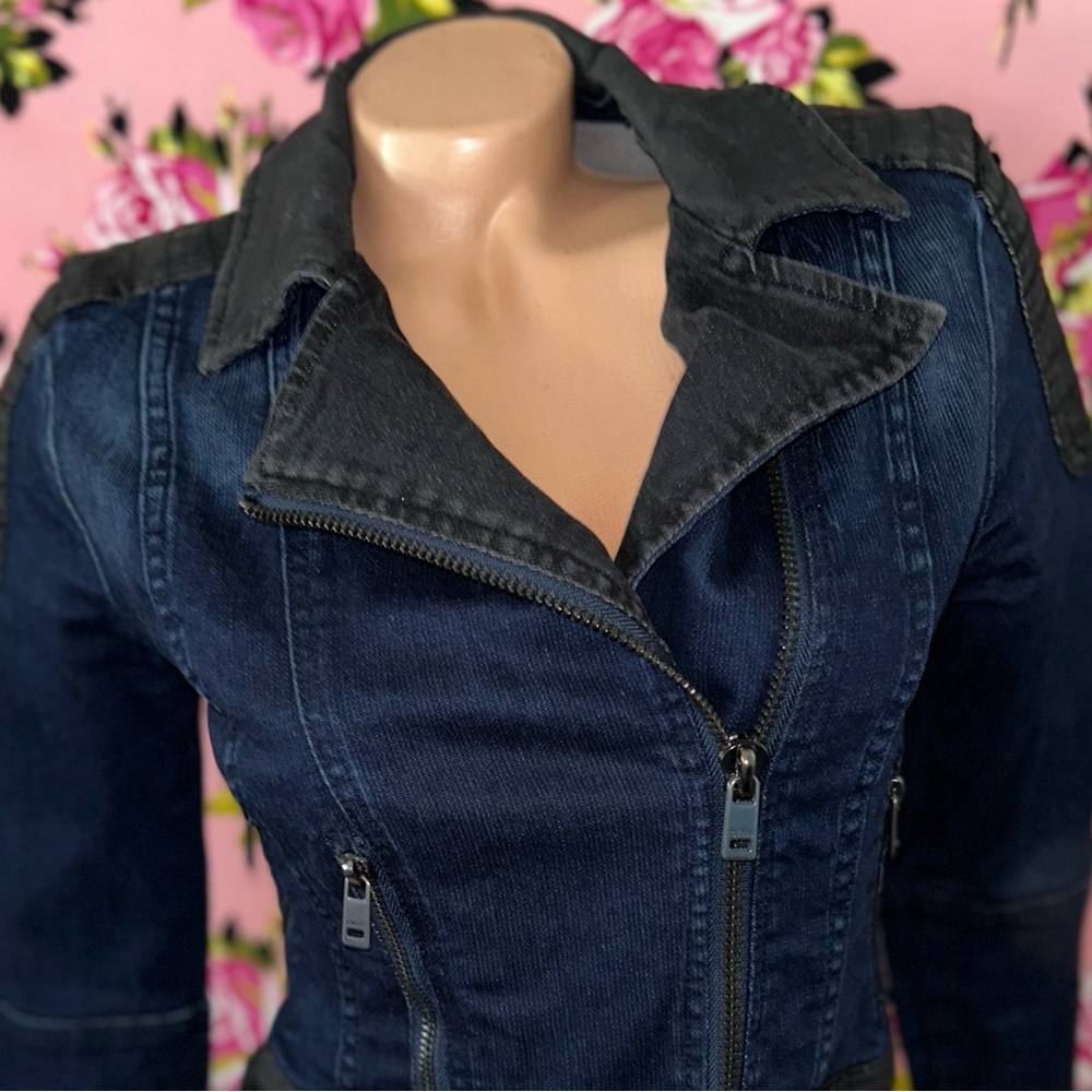 Guess vintage denim jean jacket coat 80’s Metal rocker punk biker sexy crop fit - Picture 6 of 12
